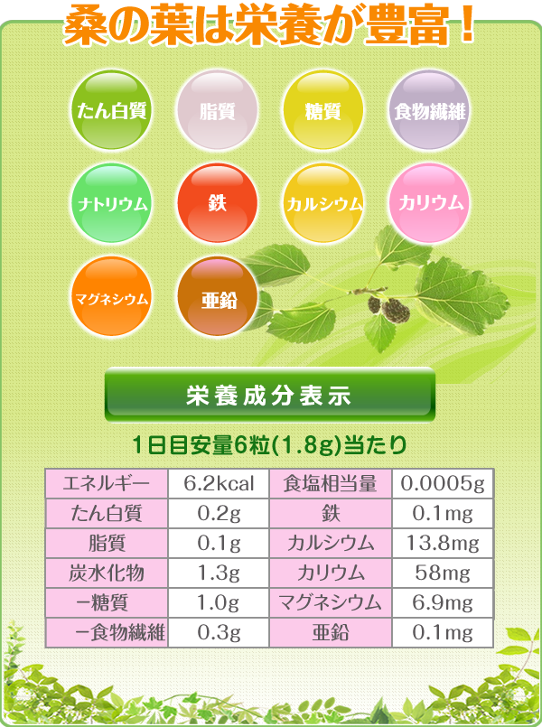 桑の葉は栄養が豊富! これらの成分が、あなたの身体を巡ります。 無理せず長く続けることがすっきり美ボディの秘訣です。