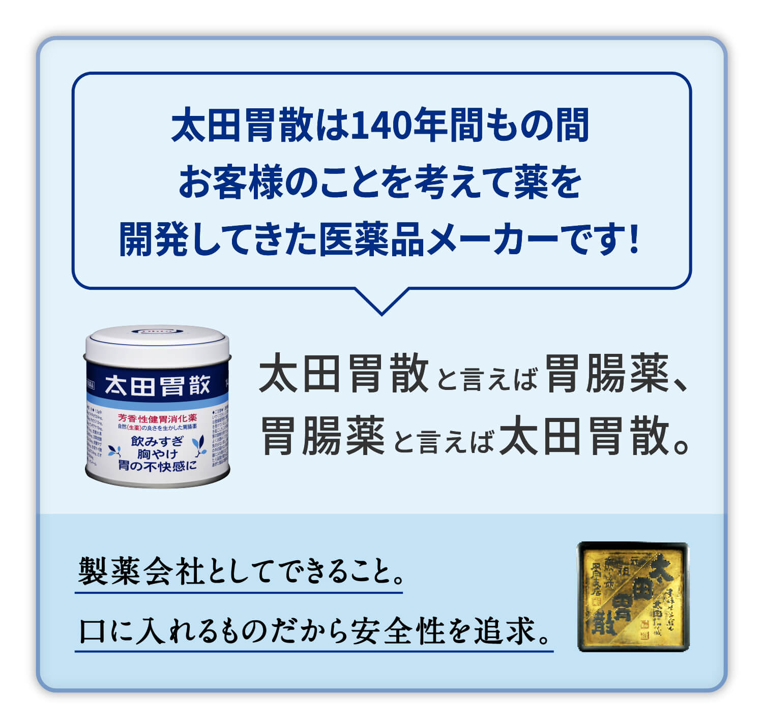 太田胃散は140年間もの間お客様のことを考えて薬を開発してきた医薬品メーカーです！太田胃散と言えば胃腸薬、胃腸薬と言えば太田胃散。製薬会社としてできること。口に入れるものだから安全を追求。