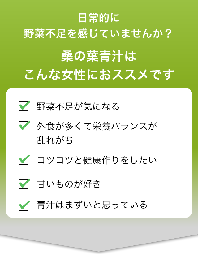 日常的に野菜不足を感じていませんか?桑の葉青汁はこんな女性におススメです 体重計に乗るのが怖いという方 忙しくて不規則な生活が続いている方 炭水化物や甘いものが好きな方 青汁はまずいと思っている方