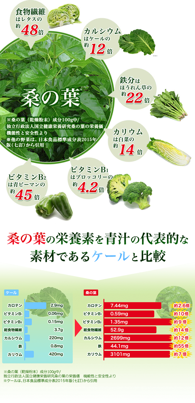 桑の葉の栄養素を青汁の代表的な素材であるケールと比較