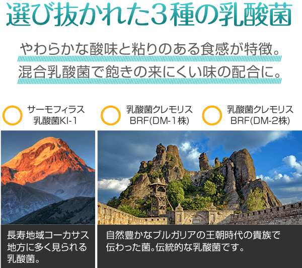 選び抜かれた３種の乳酸菌やわらかな酸味と粘りのある食感が特徴。混合乳酸菌で飽きの来にくい味の配合に。