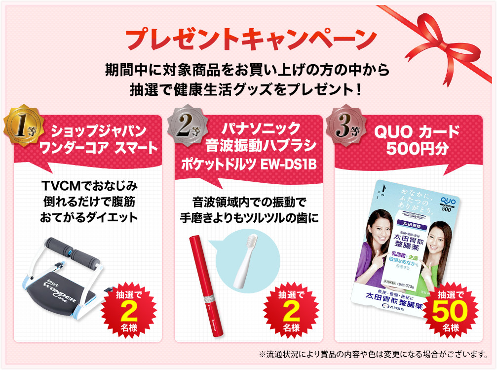 プレゼントキャンペーン 期間中に対象商品をお買い上げの方の中から抽選で健康生活グッズをプレゼント！