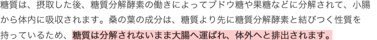糖質は、摂取した後、糖質分解酵素の働きによってブドウ糖や果糖などに分解されて、小腸から体内に吸収されます。桑の葉の成分は、糖質より先に糖質分解酵素と結びつく性質を持っているため、糖質は分解されないまま大腸へ運ばれ、体外へと排出されます。